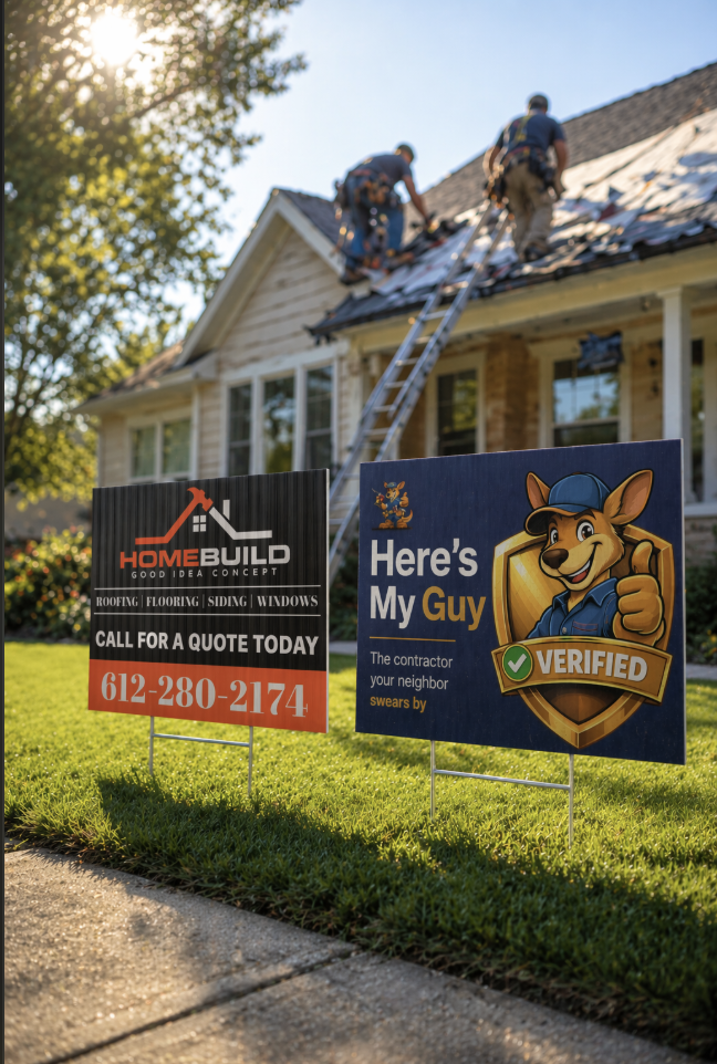 Here's My Guy yard signs in front of a home